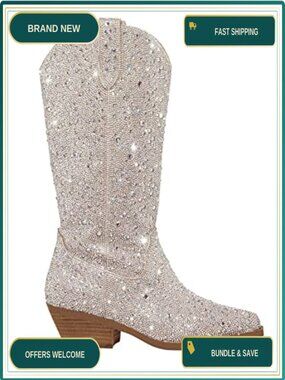 Women's Rhinestone Cowboy Boots Pointed Toe Mid Calf Cowgirl Block Heel Sparkly